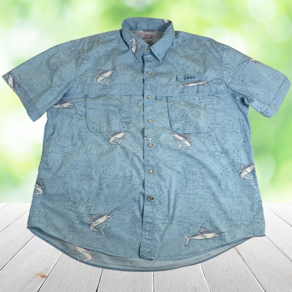 IZOD Saltwater Fishing Shirt Marlin Print Vented Cape Back Rod Holder Mens XXL